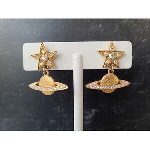 Gold Tone Metal Celestial Rhinestone Dangling Earrings Vintage Costume Jewelry